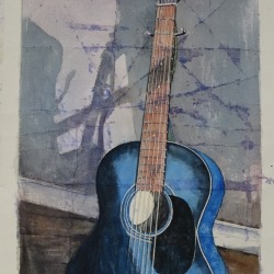 “Jake’s Guitar” Bev Morgan, Watercolour and Batik, #988, SOLD