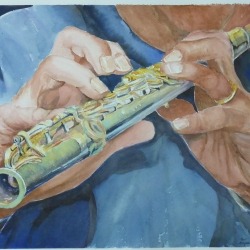 “Flute-Master”, Bev Morgan, Watercolour, 19 in x 23 in, #996, $400